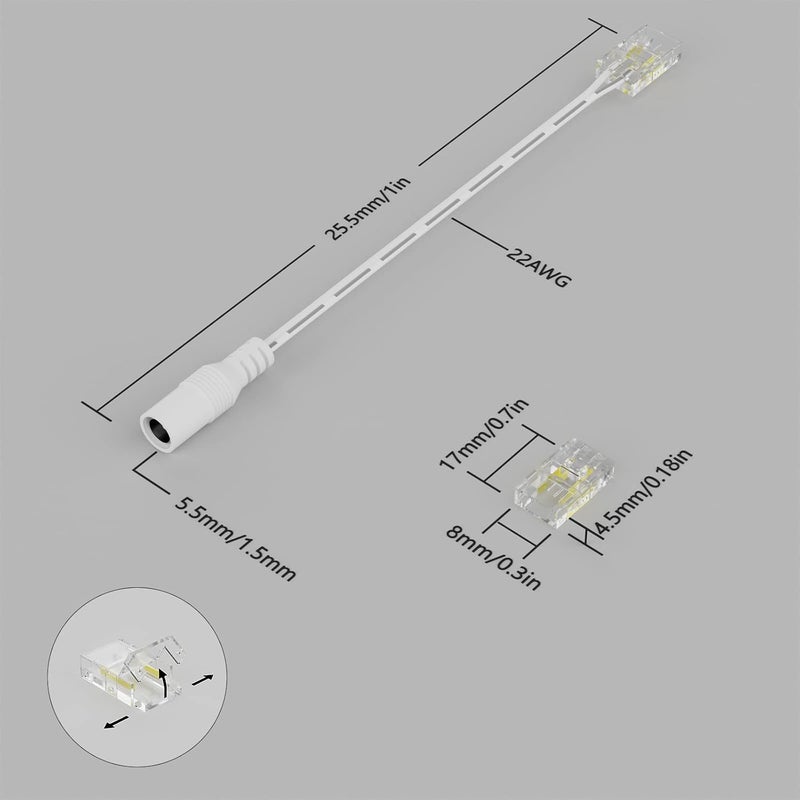 PAUTIX Strip to DC Female Plug Extension Connector 7.9in 8pcs,8mm Detachable Strip to Wire Connector,for 2-pin COB LED Strip Light 24V 12V 5 Volt,UL Listed 22 AWG Wires,NOT for 5mm 10mm or Other Size - Image 5